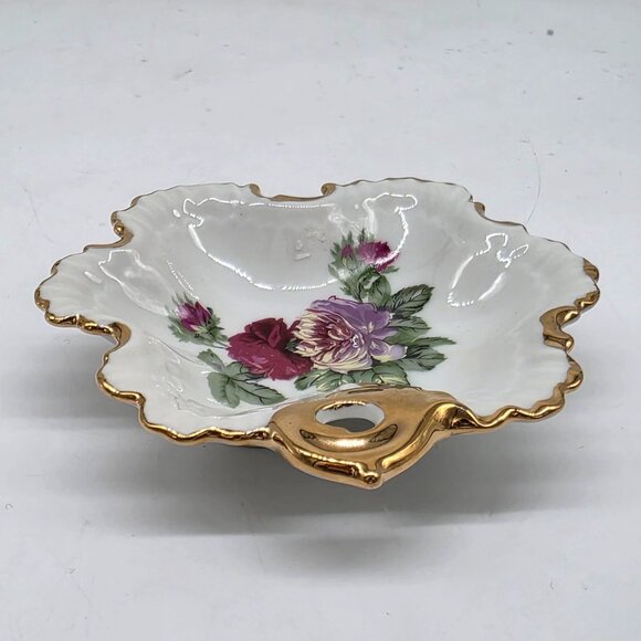 Vintage Porcelain Leaf-Shaped Dish With Gold Trim & Floral Design 5"x4.5" - Picture 4 of 6